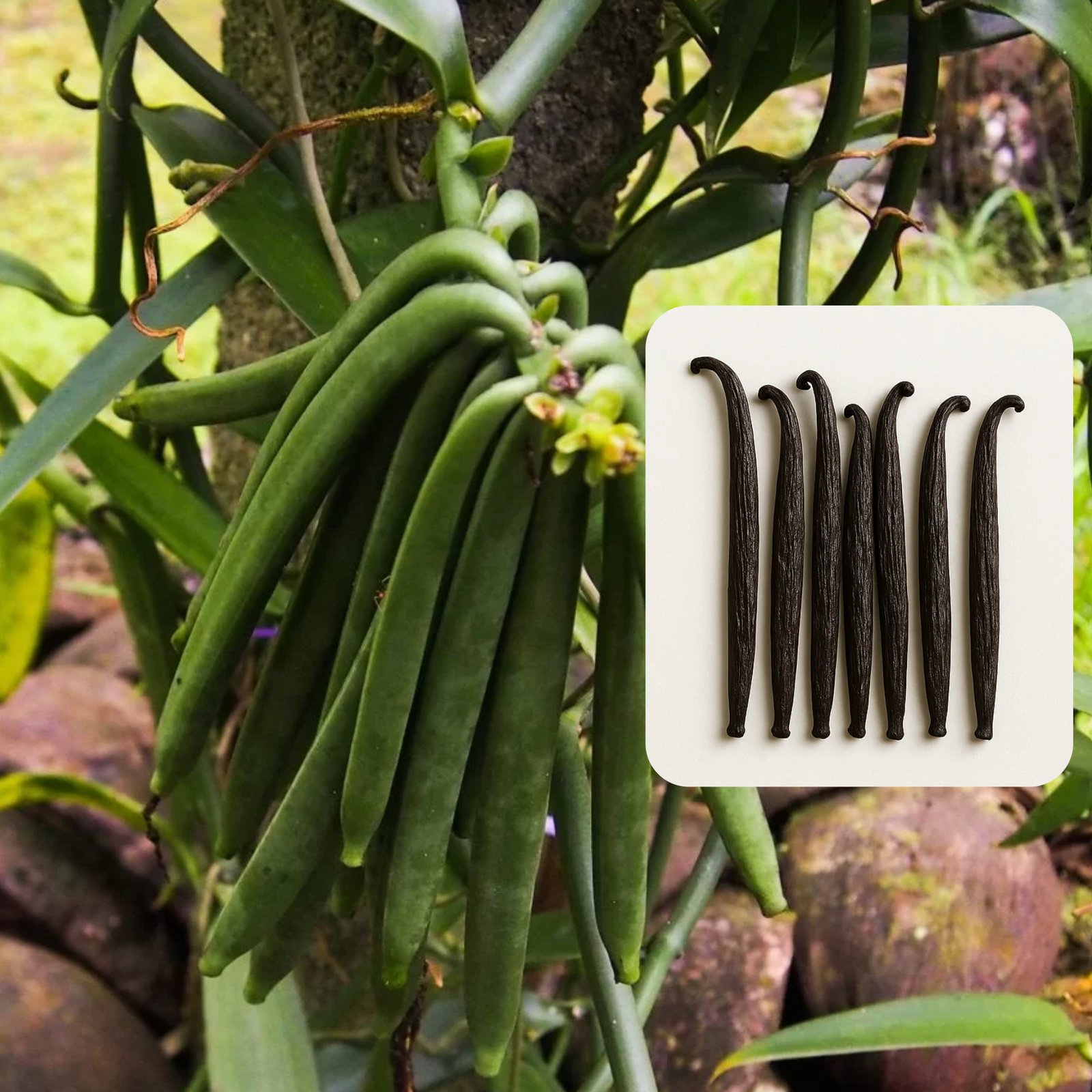 Vanilla Tahitensis pods on vine